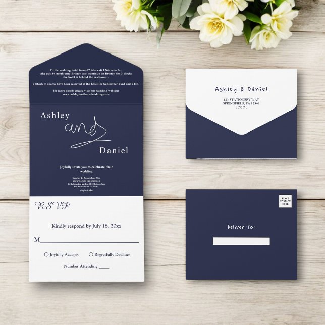 Casamento de Caligrafia Branca Azul-Marinho Simple (Criador carregado)