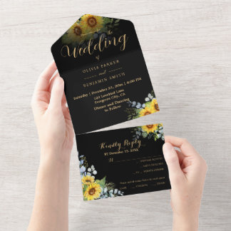 Casamento de Caligrafia Dourada Sunflower Black