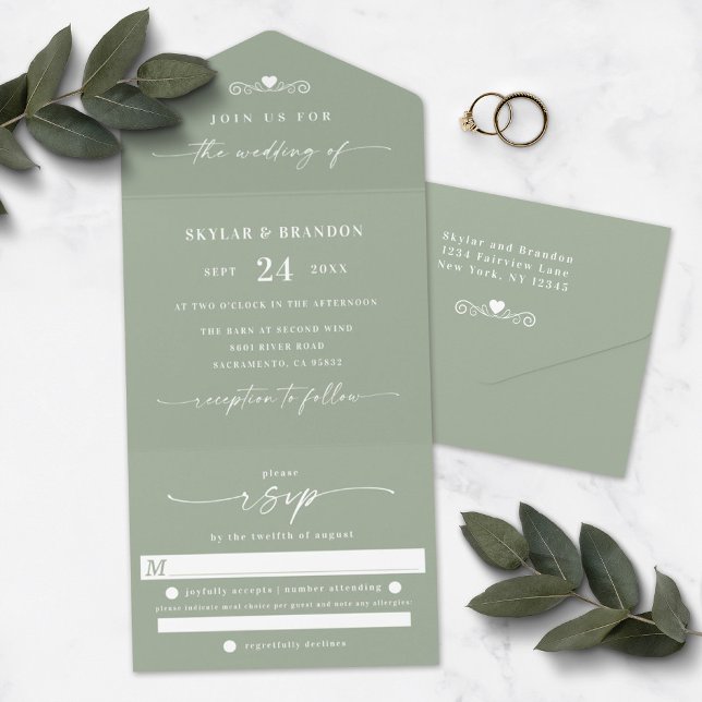Casamento de Caligrafia Elegante Verde Folha Simpl (Criador carregado)