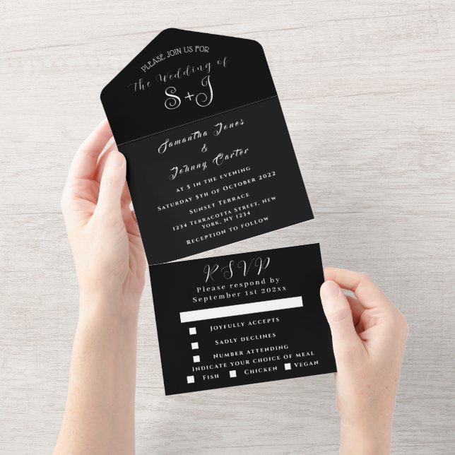 Casamento de Caligrafia Simples em Preto Monograma (Aba destacável)