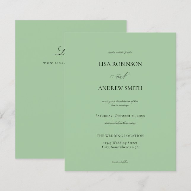 Casamento de Caligrafia Verde Sage Mint (Frente/Verso)