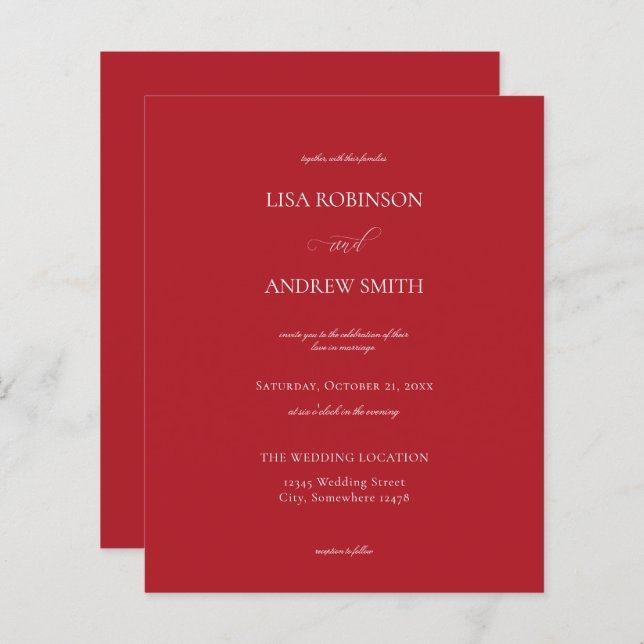 Casamento de Caligrafia Vermelha Orçamentária (Frente/Verso)