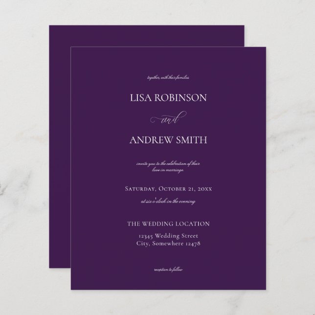 Casamento de Caligrafia Violeta Preta e Escura (Frente/Verso)