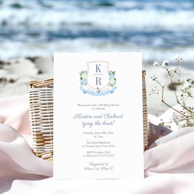 Casamento de Casais à Beira-Mar Convite de Chá de  (Elegant coastal monogram couples wedding shower invitation)
