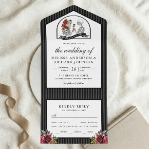 Casamento de casal esqueleto gótico com rosas verm