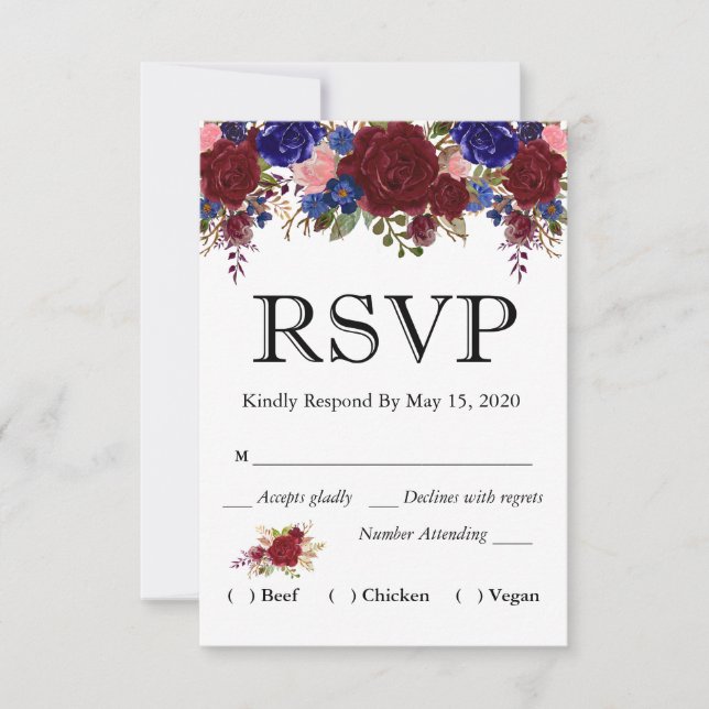 Casamento de Casamento Floral Burgundy Navy RSVP R (Frente)