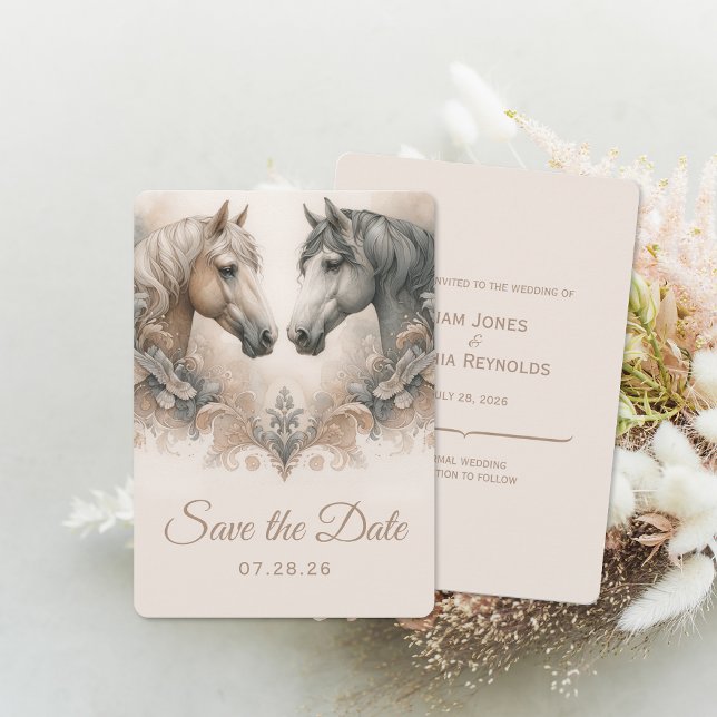 Casamento De Cavalos Elegantes Guardar O Cartão De (Elegant Horses Wedding Save The Date Card (front and back))