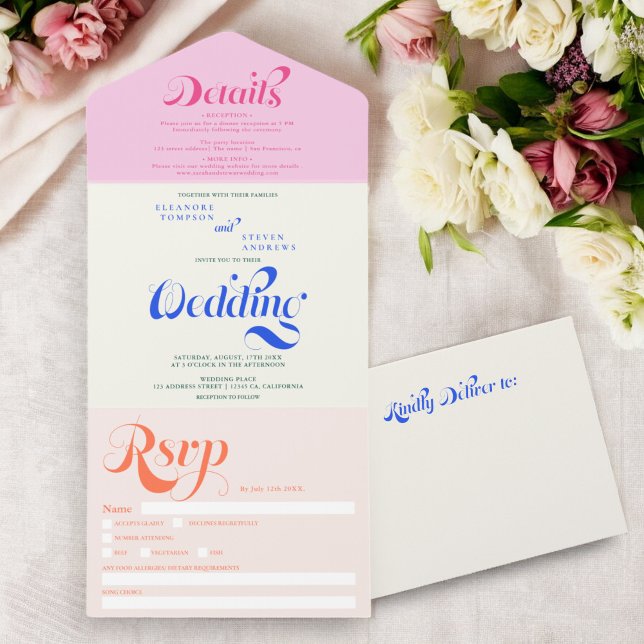 Casamento de chic com guião azul-rosa-rosa-azul-az (Retro boho blue pink elegant script chic wedding all in one invitation)