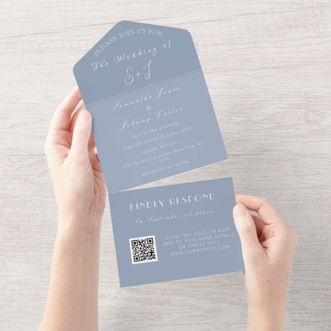 Casamento de Código QR Azul Dusty Único Monograma (Aba destacável)