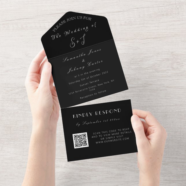 Casamento de Código QR Branco Negro Mínimo Monogra (Tearaway)