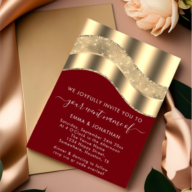 Casamento de Código QR da Onda de Fronteira Dourad (Black White Gold Border Wave QR Code Wedding FlorenceK )