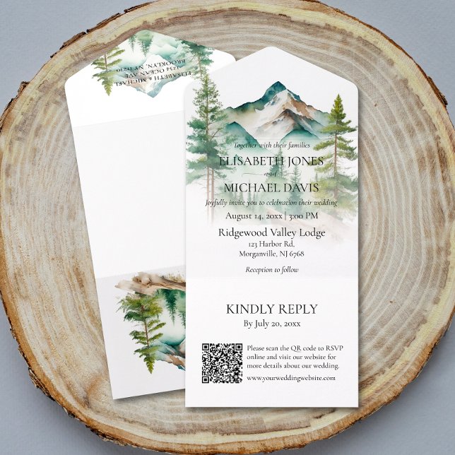 Casamento De Código QR De Árvores De Pinheiros E M (All-in-one wedding invitation with QR code to RSVP - Simplify and save time for you and your guests.)