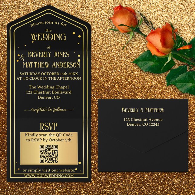 Casamento de Código QR de Confetti Dourado Preto (All in one wedding invitation featuring an elegant black and gold design with sparkling confetti.)