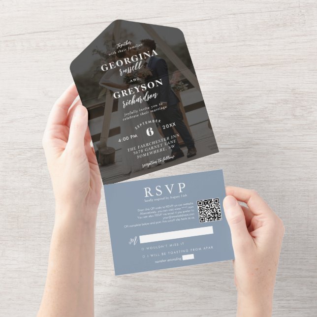 Casamento de Código QR de Foto RSVP Azul Clássico  (Aba destacável)
