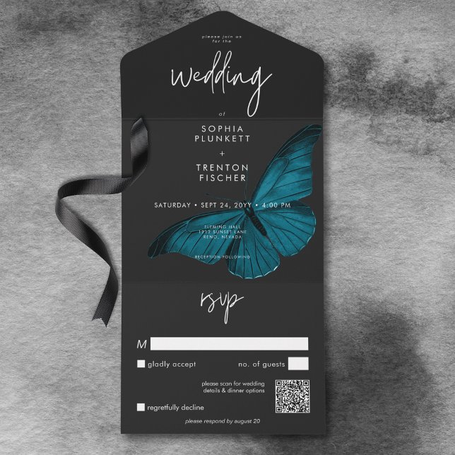 Casamento de Código QR de Mal Teal Mínima Escuro M (Dark Moody Minimal Teal Moth QR Code Wedding All In One Invitation)