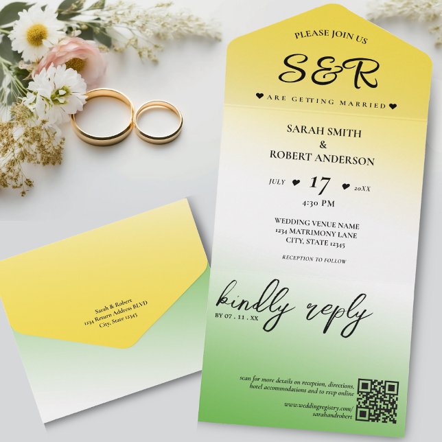 Casamento de Código QR de Omã do Omã Verde Branco  (Green White & Gold Jamaica Ombre QR Code Wedding All In One Invitation)