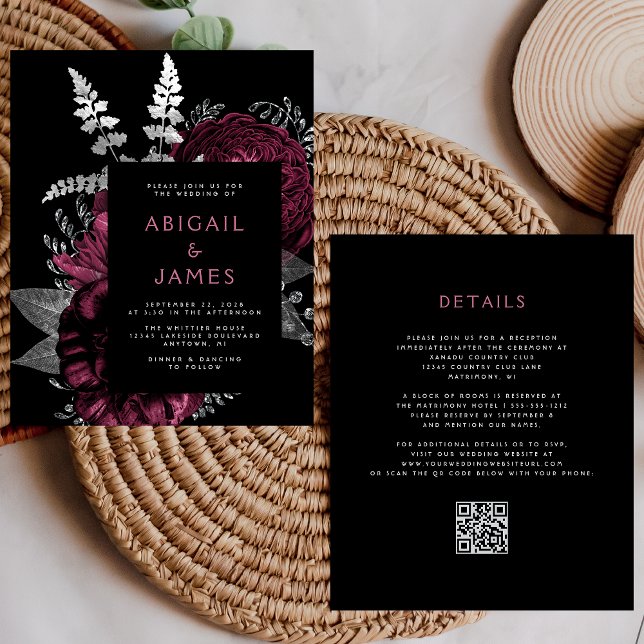 Casamento de Código QR de Prata Floral Escuro (Criador carregado)