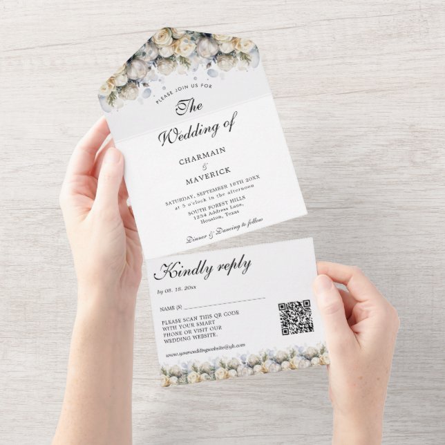 Casamento de Código QR de RSVP de Rosas Brancas El (Aba destacável)