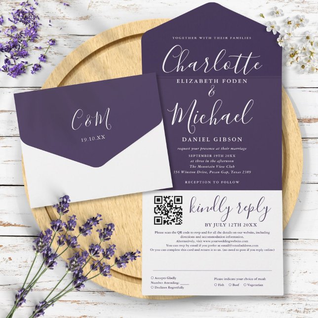 Casamento de Código QR de Script Elegante Moderno  (Purple Modern Elegant Script QR Code Wedding All In One Invitation)