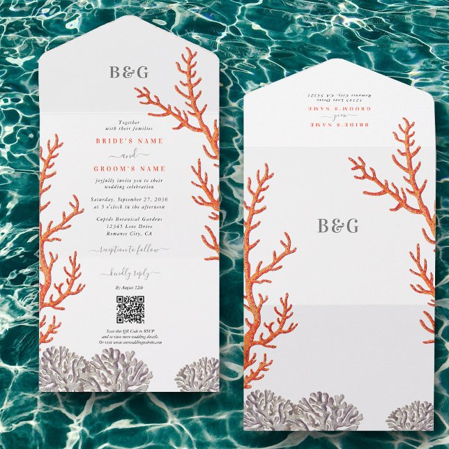 Casamento de Código QR Moderno da Praia da Coral W (Coral Watercolor Beach Modern QR Code Wedding All In One Invitation)