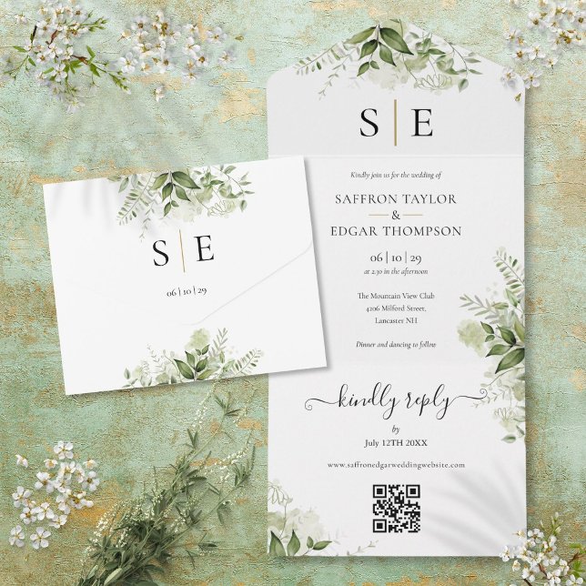 Casamento de Código QR Monograma Preto Dourado com (Gold Black Monogram QR Code Greenery Wedding All In One Invitation)
