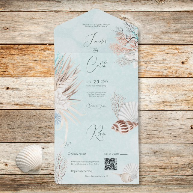 Casamento de Código QR para Conchas do Oceano Aqua (Modern Aqua Ocean Shells QR Code Wedding All In One Invitation)