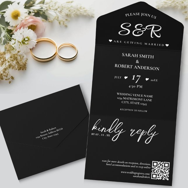 Casamento de Código QR Preto Simples (Simple Black QR Code Wedding All In One Invitation)