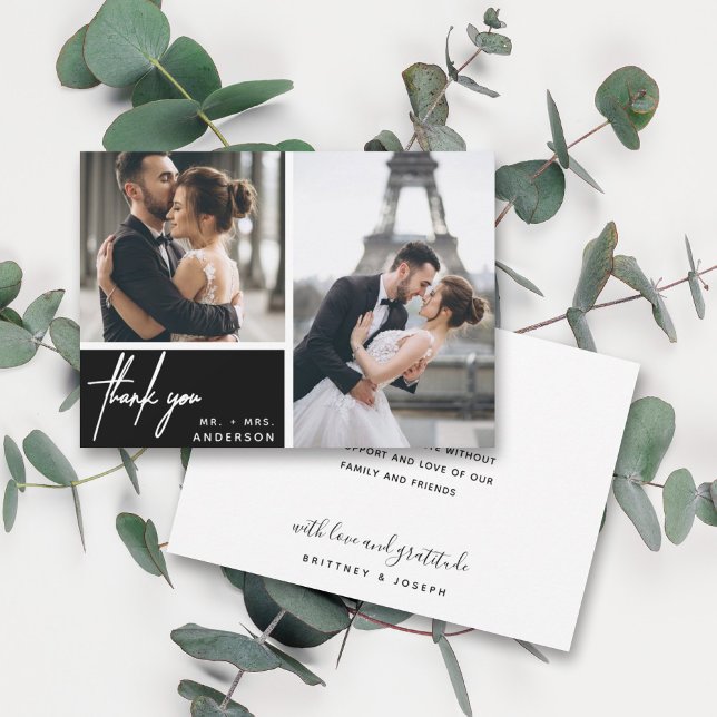 Casamento de Colagem de Fotos Negra Moderna (Two photo hand lettered thank you wedding card with a minimalistic design perfect for any couple.)