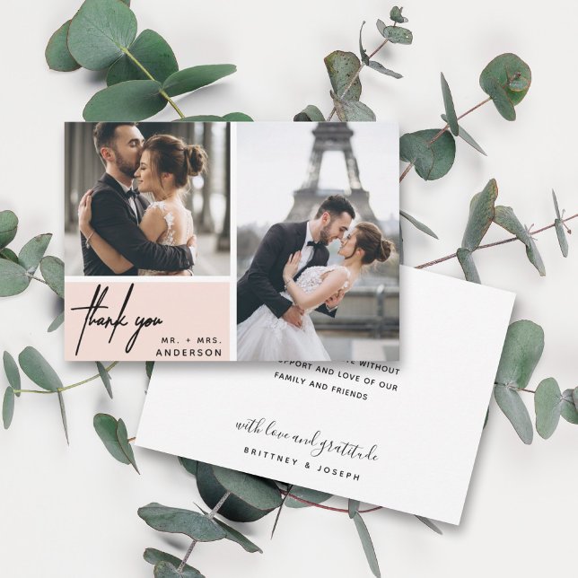 Casamento de Colagem de Fotos Rosa Espelho Moderno (Two photo hand lettered thank you wedding card with a minimalistic design perfect for any couple.)