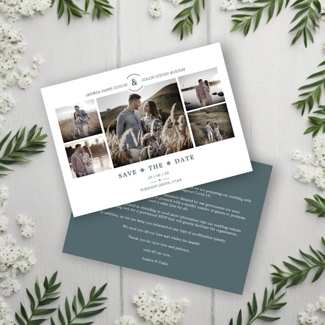 Casamento de Colagem Minimalista de Fotos Personal (Chic 5 Custom Photos Minimalist Modern Collage Wedding Save the Date Card. )