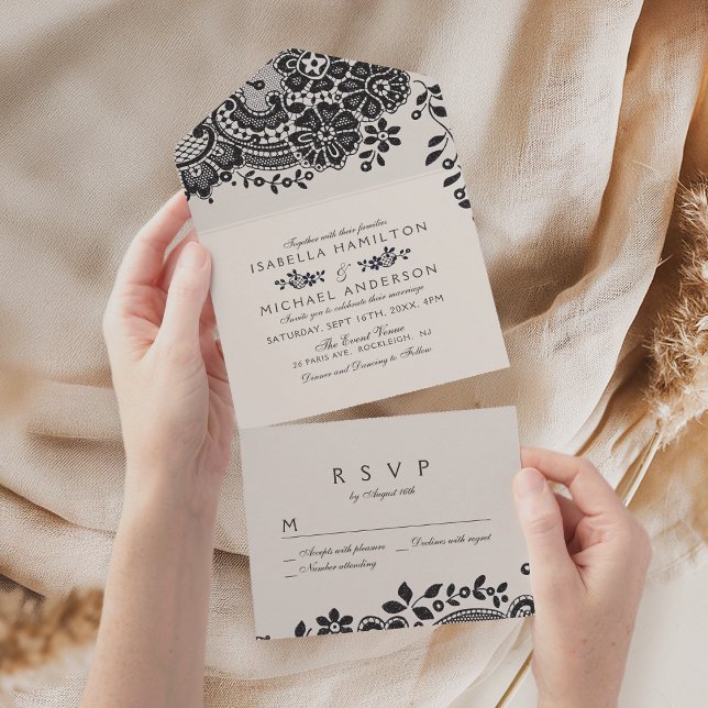 Casamento de colar elegante e preto (Black and white elegant vintage lace wedding all in one invitation)