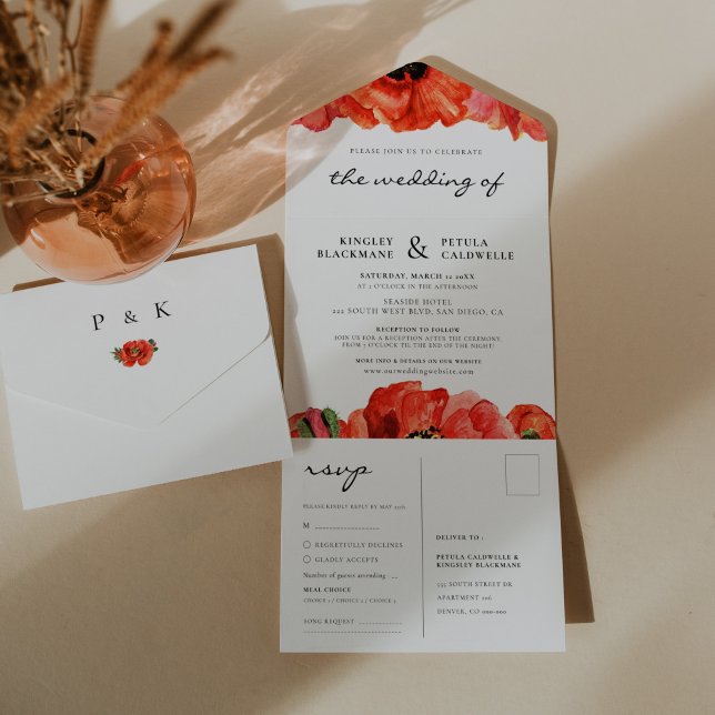 Casamento de coloração d'água com cachos vermelhos (Red poppies watercolor wedding all in one invitation)