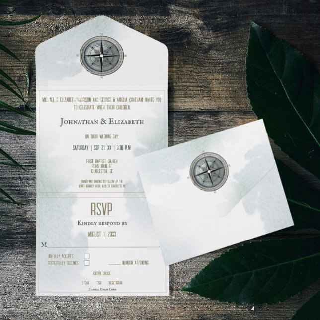 Casamento de Compass Náutico Vintage (Vintage Nautical Compass All in One Wedding Invitation)