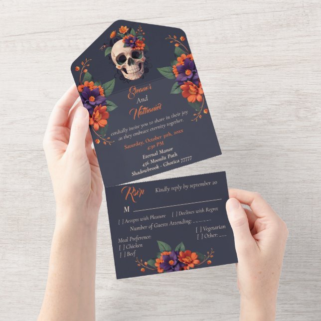 Casamento de crânio floral gótico elegante 3D (Aba destacável)