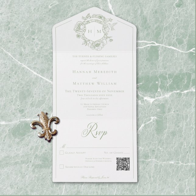Casamento de Crest de Aves da China Verde Elegante (Elegant Green Chinoiserie Bird Crest Wedding QR All In One Invitation)