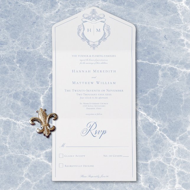 Casamento de Crest de Aves da Chinoiserie Azul Ele (Elegant Blue Chinoiserie Bird Crest Wedding All In One Invitation)