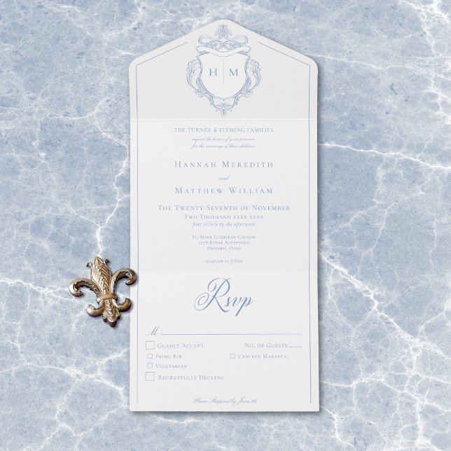 Casamento de Crest de Aves da Chinoiserie Azul Ele (Elegant Blue Chinoiserie Bird Crest Wedding All In One Invitation)