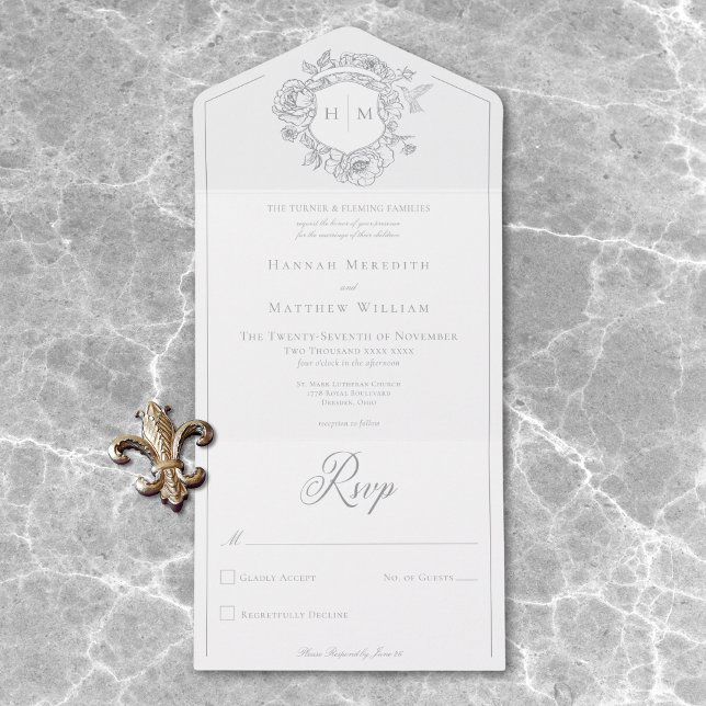 Casamento de Crest de Aves da Cinza Elegante Chino (Elegant Gray Chinoiserie Bird Crest Wedding Dinner All In One Invitation)