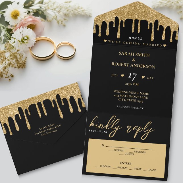 Casamento de Derramamento de Literatura Preta e Do (Black & Gold Glitter Drip Wedding All In One Invitation)