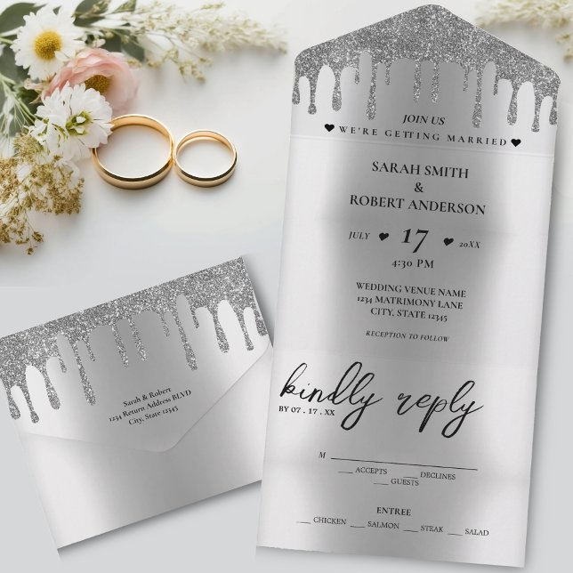 Casamento de Derramamento de Silver Glitter (Silver Glitter Drip Wedding All In One Invitation)