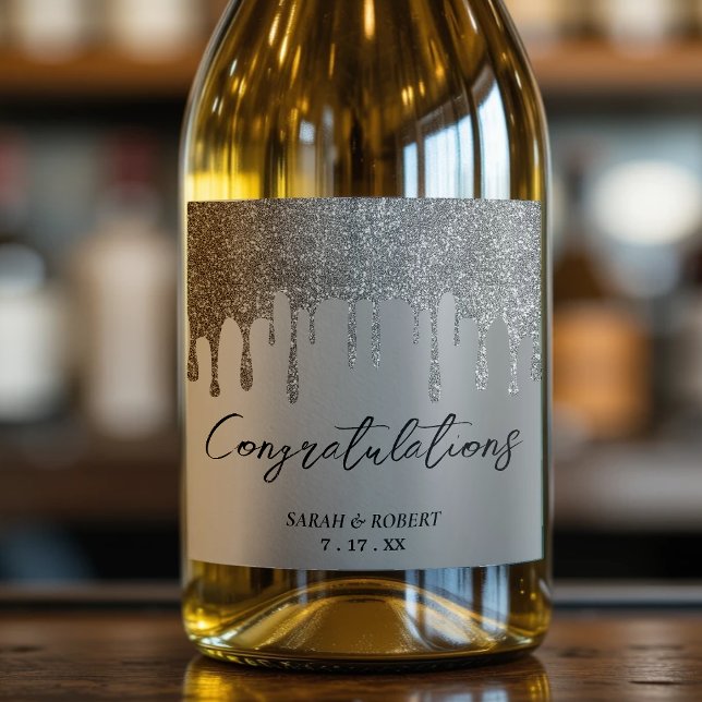 Casamento de Derramamento de Silver Glitter (Silver Glitter Drip Wedding Sparkling Wine Label
)