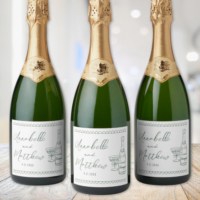 Casamento de Desenho de Mão Verde de Champanhe (Green Champagne Hand Drawn Wedding Sparkling Wine Label )