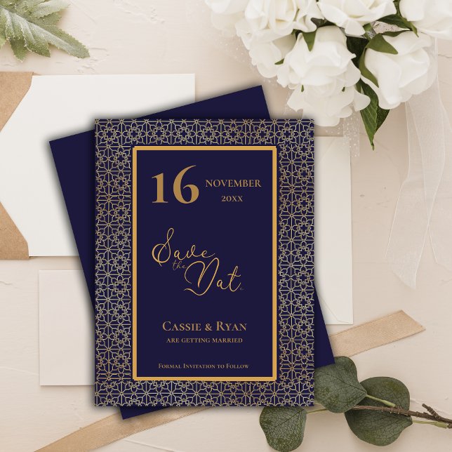 Casamento de Design Dourado Azul Salve a Data (Blue Gold Intricate Design Wedding Save the Date)