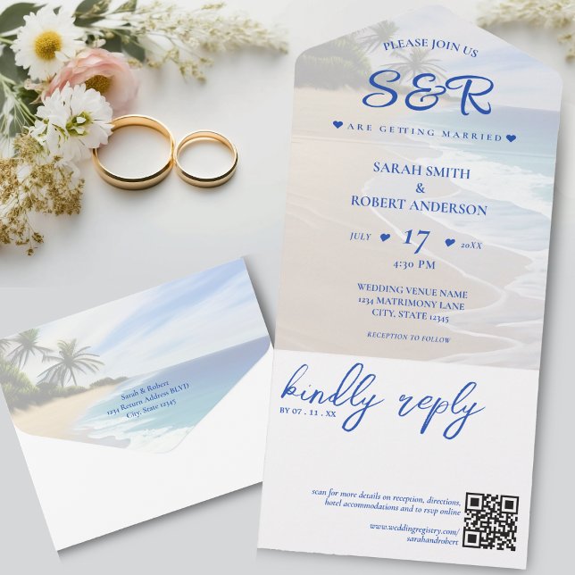 Casamento de Destino de Árvore de Palma da Ilha Bl (Blue Beach Island Palm Tree Destination Wedding All In One Invitation)