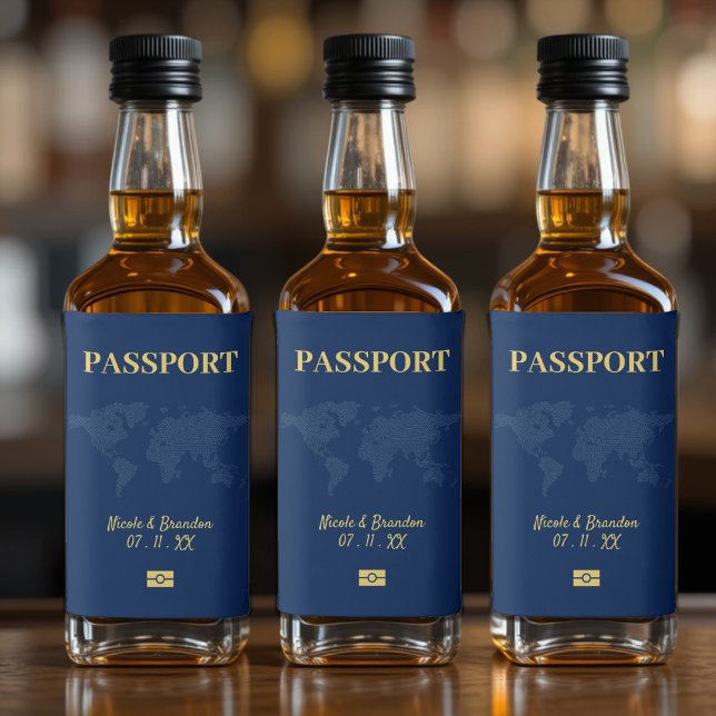 Casamento de Destino de Passaporte Azul e Amarelo (Blue & Yellow Passport Destination Wedding Liquor Bottle Label
)