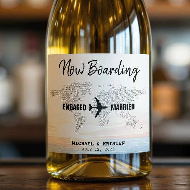Casamento de Destino do Oceano Passado de Embarque (Boarding Pass Ocean Sunset Destination Wedding Sparkling Wine Label
)