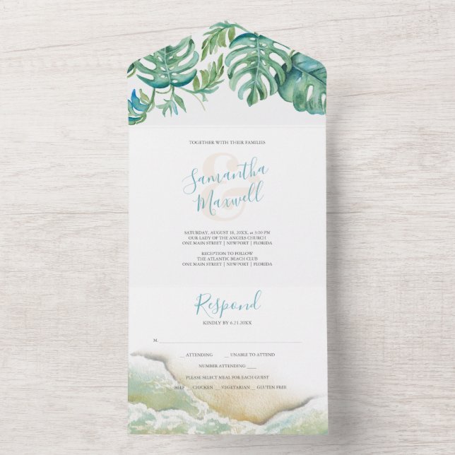 Casamento De Destino Tropical Em Um Único Convite (Inside)