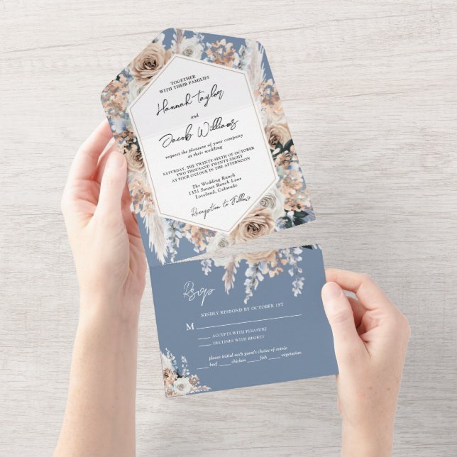 Casamento de Dusty Blue Floral Boho com RSVP (Aba destacável)