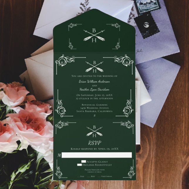 Casamento de Emerald Green Monograma e Setas (Emerald Green Monogram and Arrows Wedding All in One Invitation)