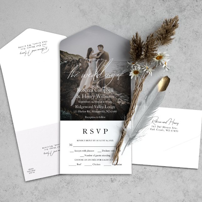 Casamento de Entrada RSVP de Script de Fotografia  (Simplify your wedding with our all-in-one invitation – convenience and beauty in a single card.)